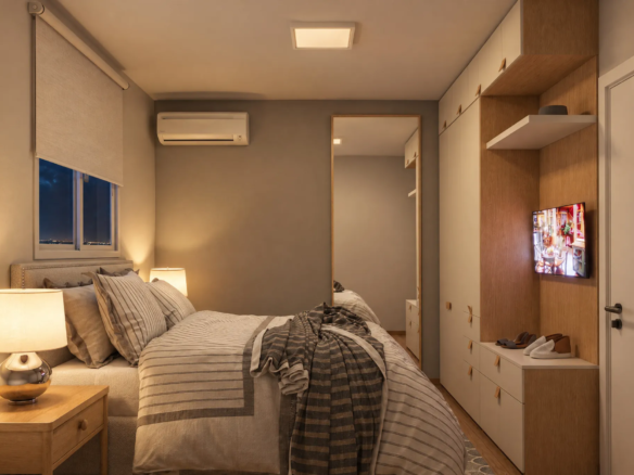 Perspectiva do dormitório de casal de um apartamento de 2 dormitórios do Residencial Las Palmas