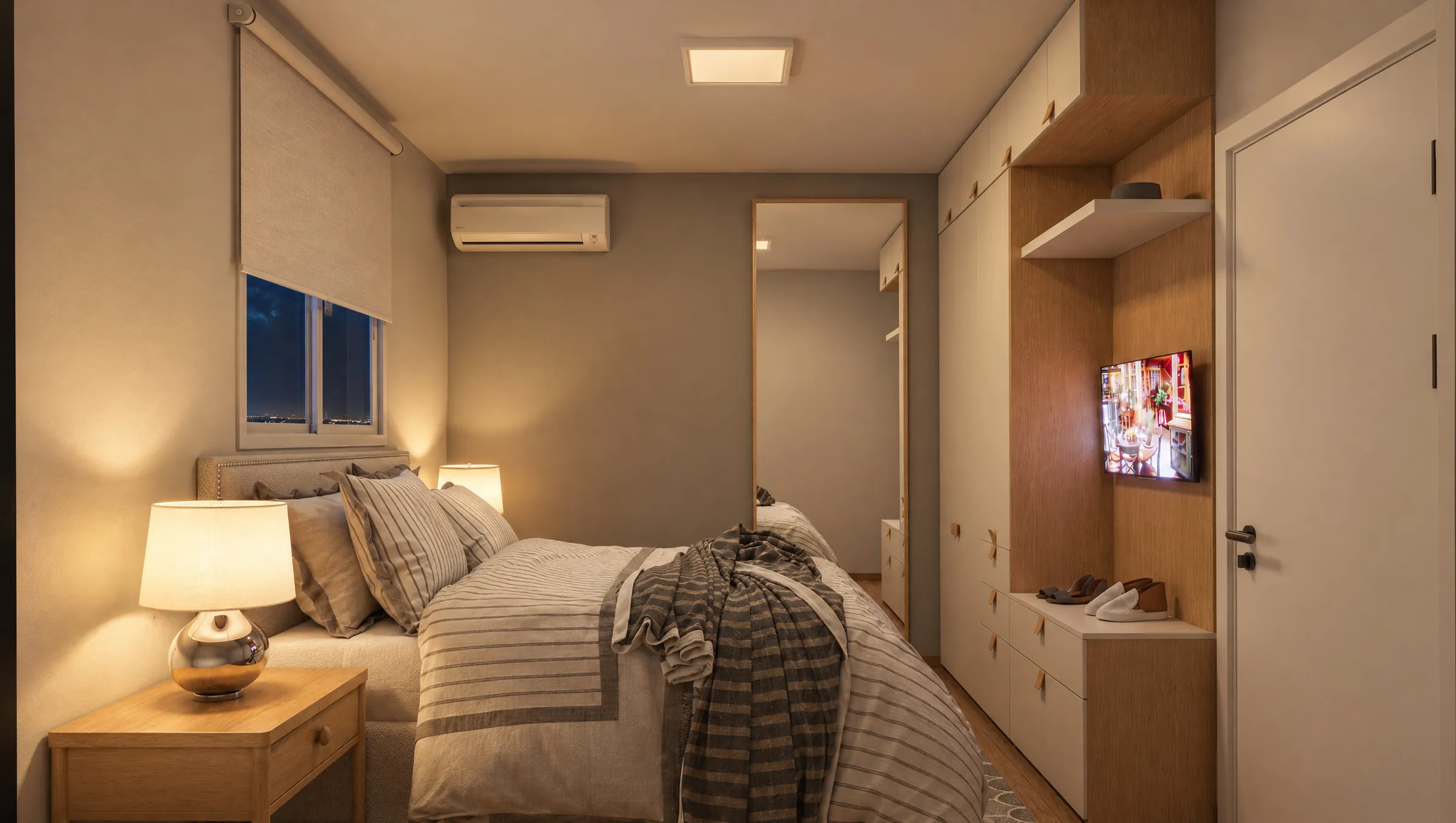 Perspectiva do dormitório de casal de um apartamento de 2 dormitórios do Residencial Las Palmas