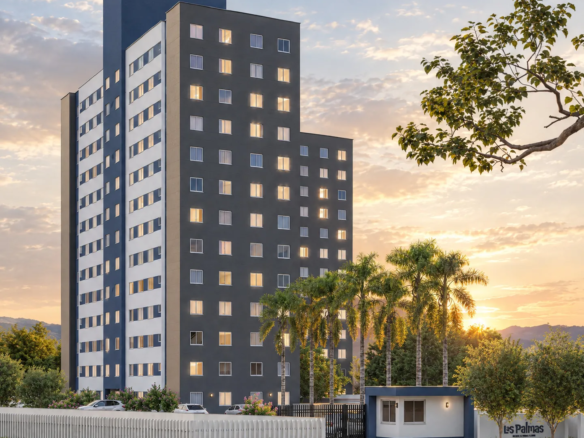Perspectiva da fachada do Residencial Las Palmas ao entardecer, em Canoas
