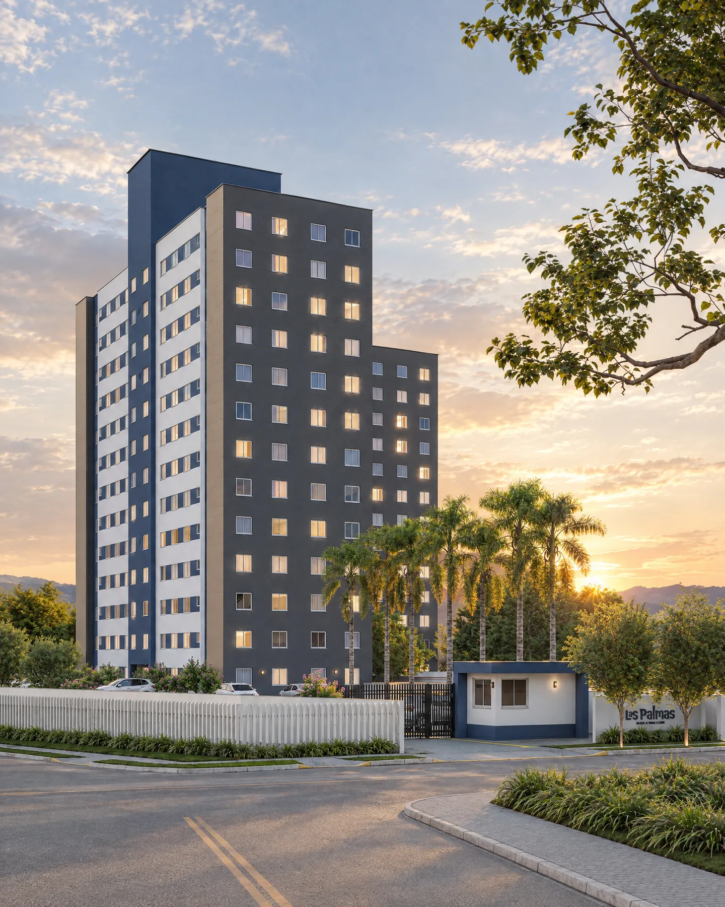 Perspectiva da fachada do Residencial Las Palmas ao entardecer, em Canoas
