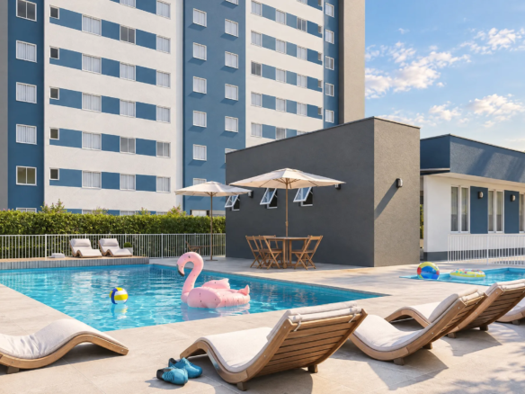 Perspectiva da piscina adulto e da piscina infantil do Residencial Las Palmas