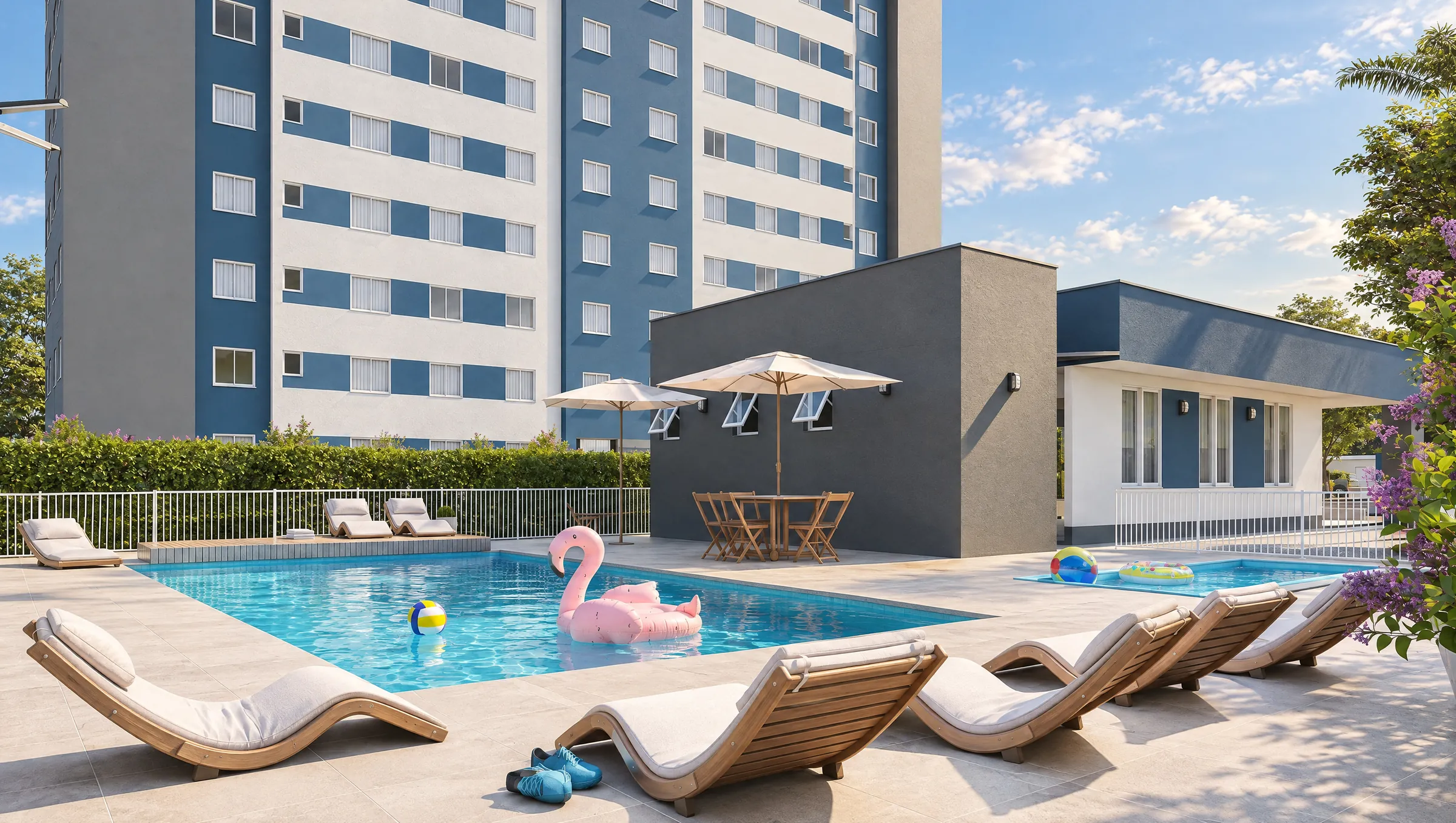 Perspectiva da piscina adulto e da piscina infantil do Residencial Las Palmas