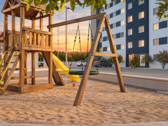 Perspectiva do playground do Residencial Las Palmas ao entardecer