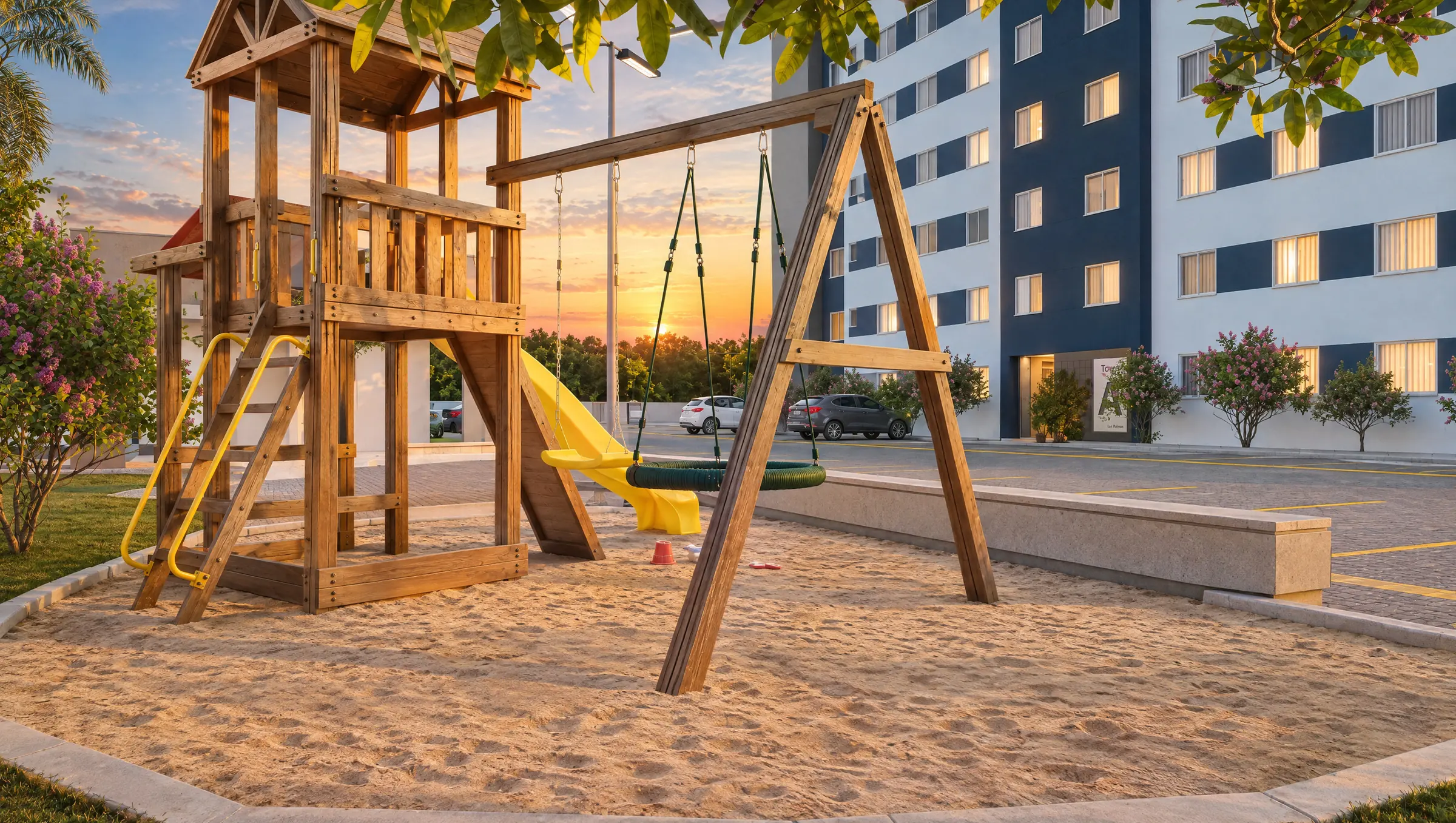 Perspectiva do playground do Residencial Las Palmas ao entardecer