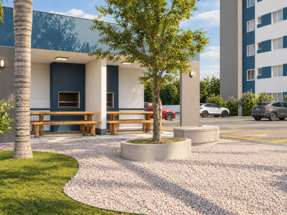 Perspectiva de um dos dois quiosques cobertos com churrasqueira do Residencial Las Palmas