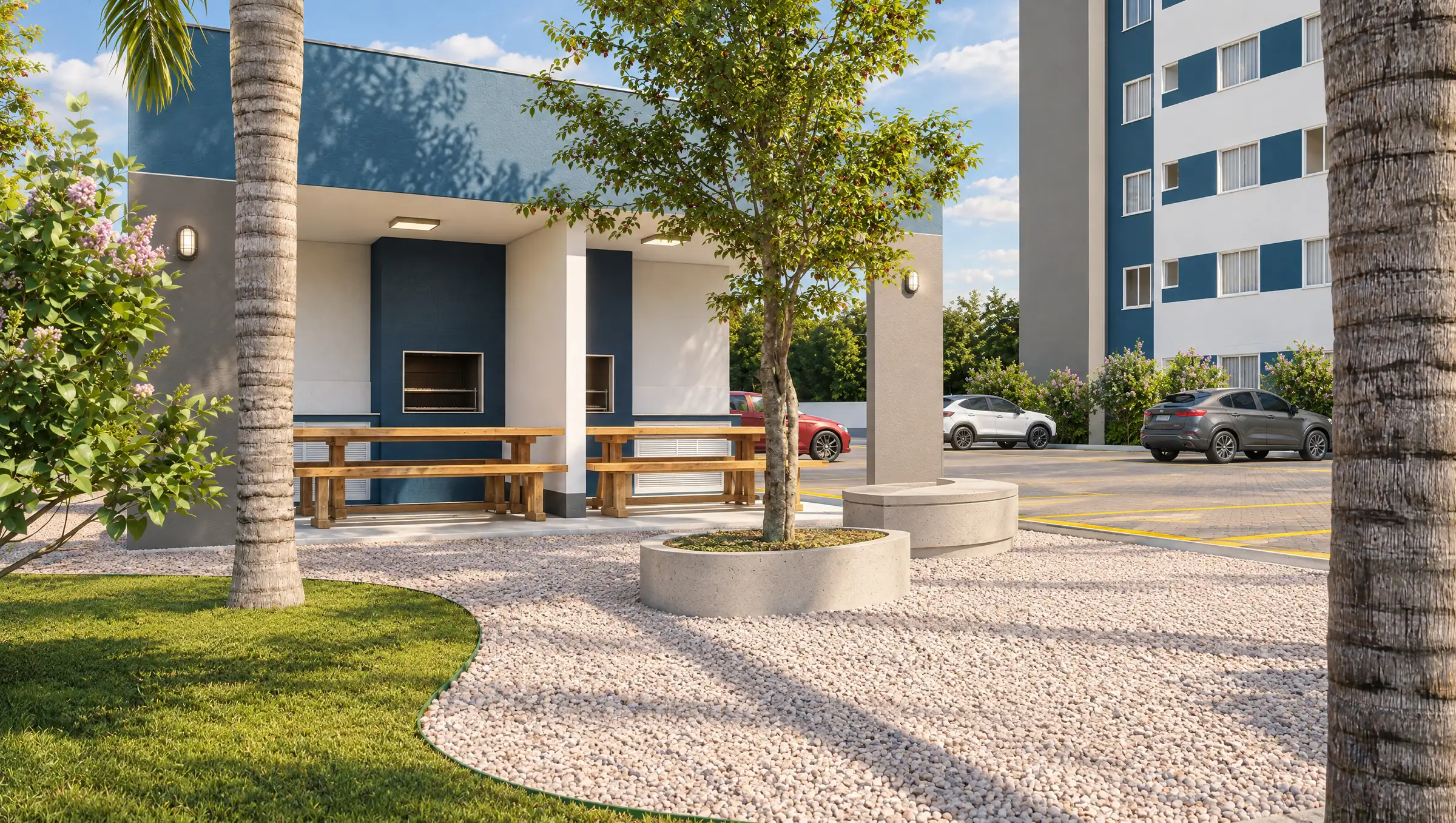 Perspectiva de um dos dois quiosques cobertos com churrasqueira do Residencial Las Palmas