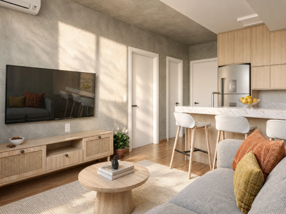 Perspectiva da sala integrada à cozinha de um apartamento de 1 dormitório do Residencial Las Palmas