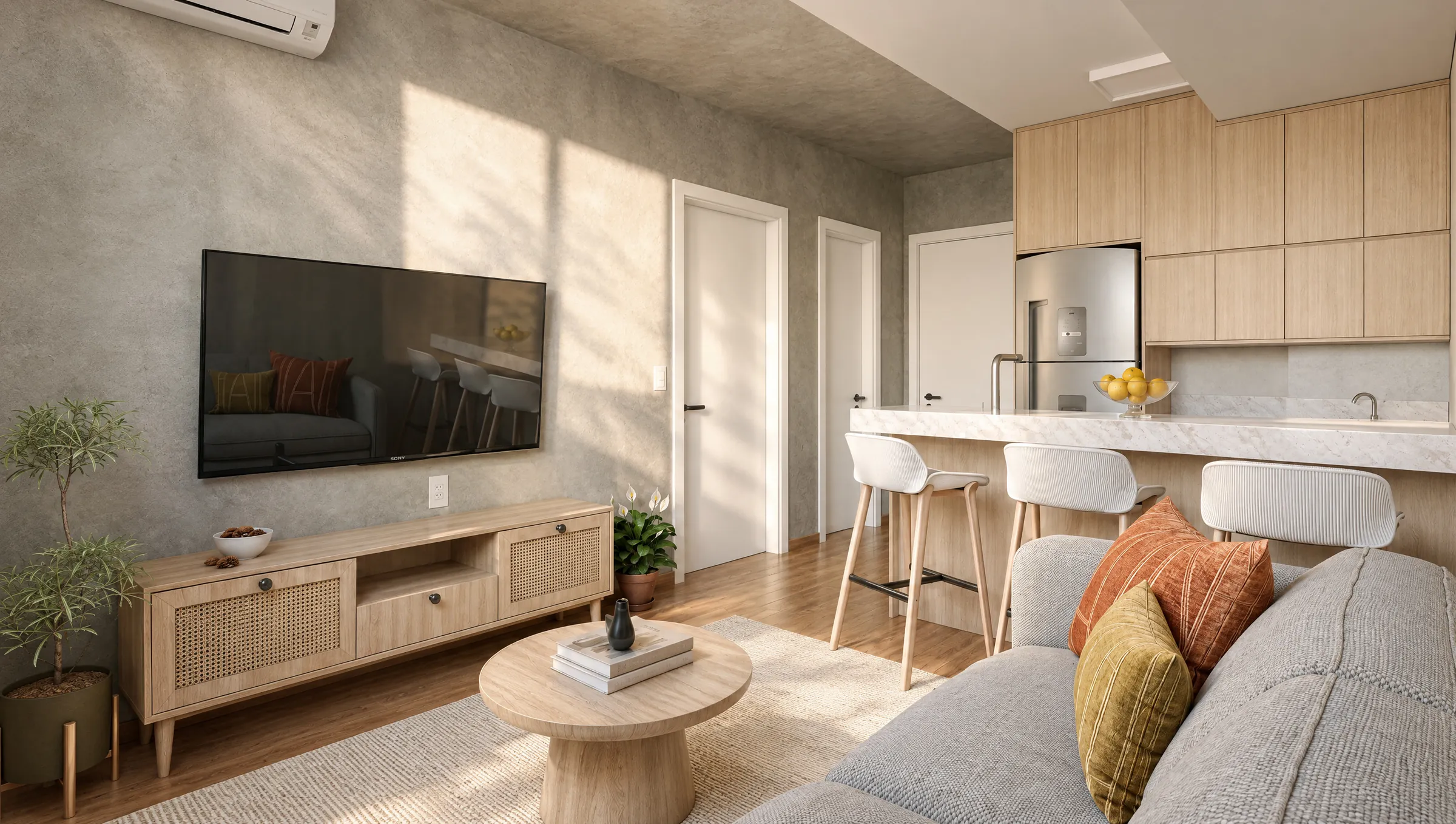 Perspectiva da sala integrada à cozinha de um apartamento de 1 dormitório do Residencial Las Palmas