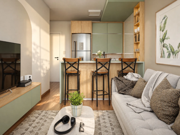 Perspectiva da sala integrada à cozinha de um apartamento de 2 dormitórios do Residencial Las Palmas