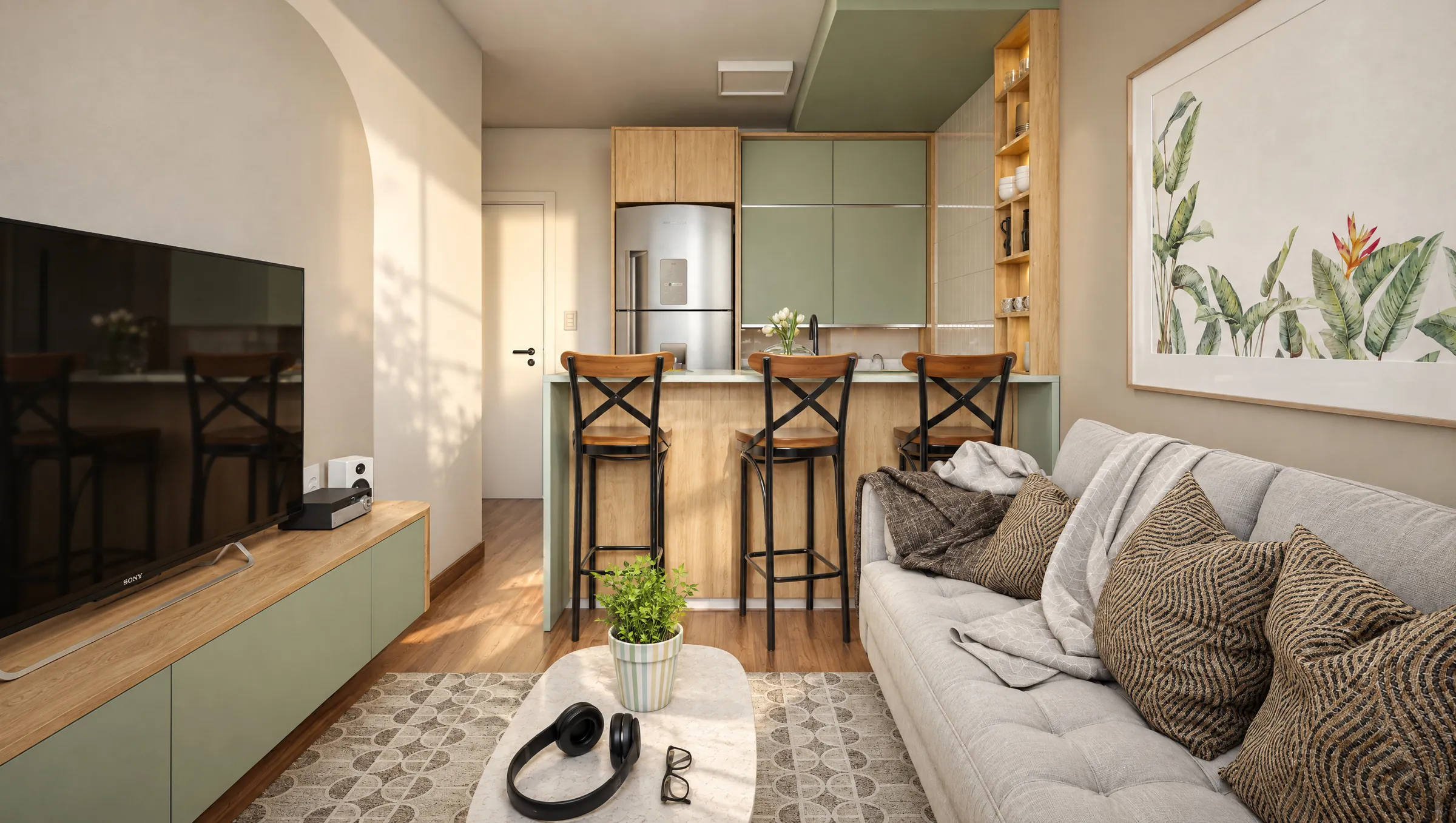 Perspectiva da sala integrada à cozinha de um apartamento de 2 dormitórios do Residencial Las Palmas