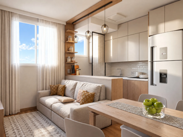 Perspectiva da sala integrada à cozinha de um apartamento de 2 dormitórios de canto do Residencial Las Palmas