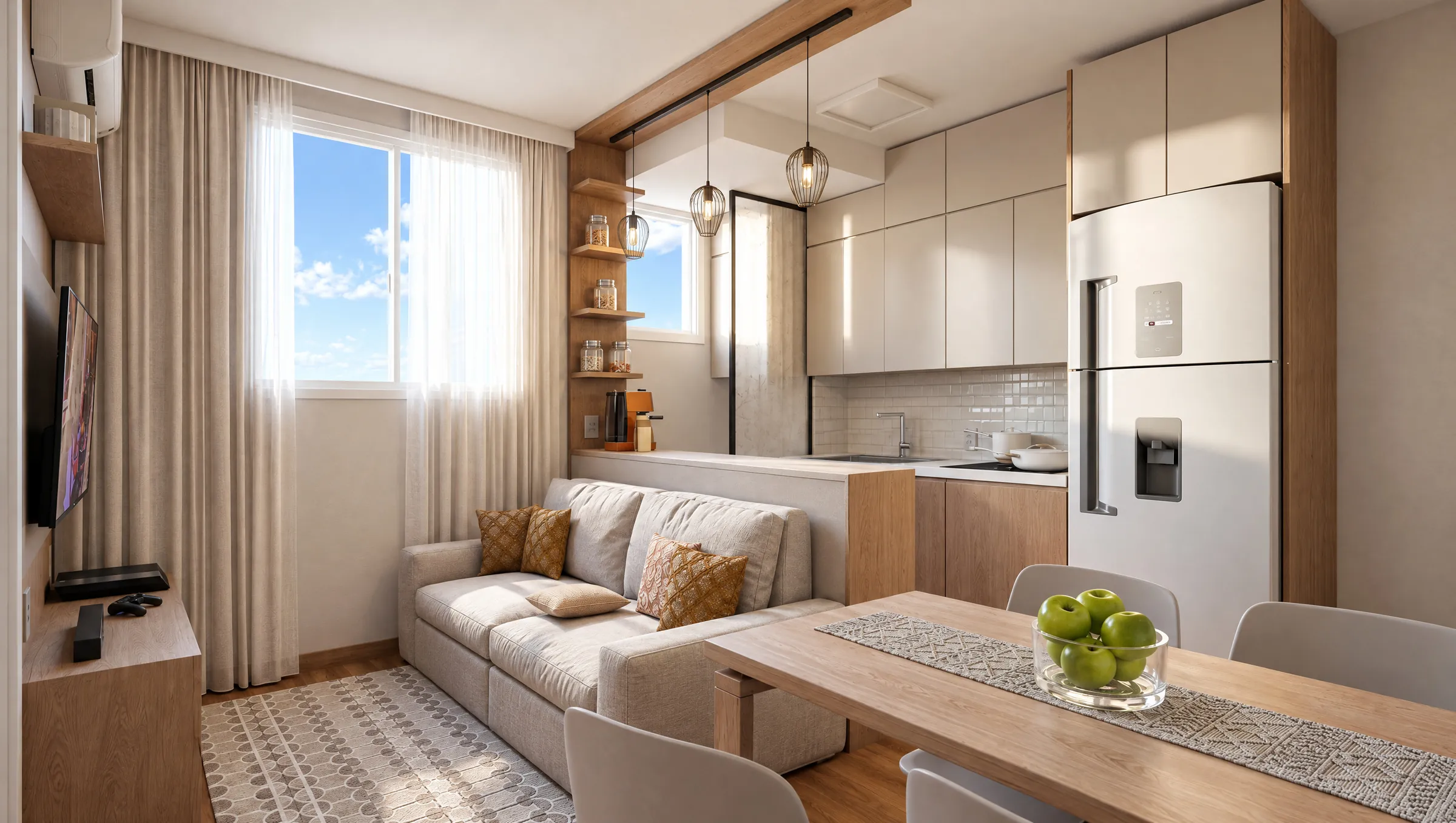 Perspectiva da sala integrada à cozinha de um apartamento de 2 dormitórios de canto do Residencial Las Palmas