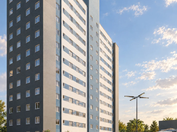 Perspectiva de uma das torres do Residencial Las Palmas com o estacionamento descoberto