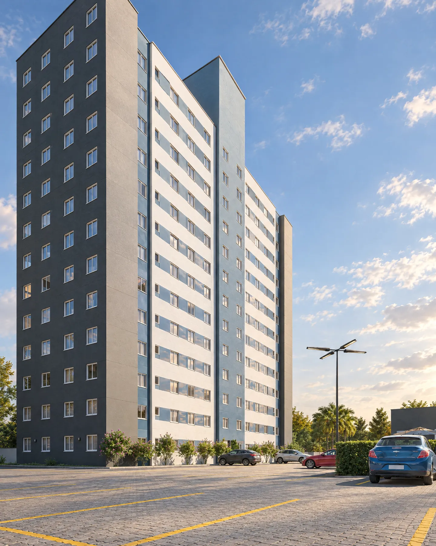 Perspectiva de uma das torres do Residencial Las Palmas com o estacionamento descoberto