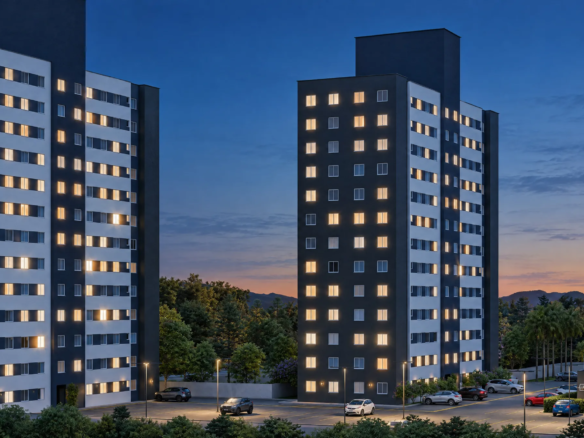 Perspectiva das duas torres do Residencial Las Palmas ao anoitecer, no Mato Grande, em Canoas